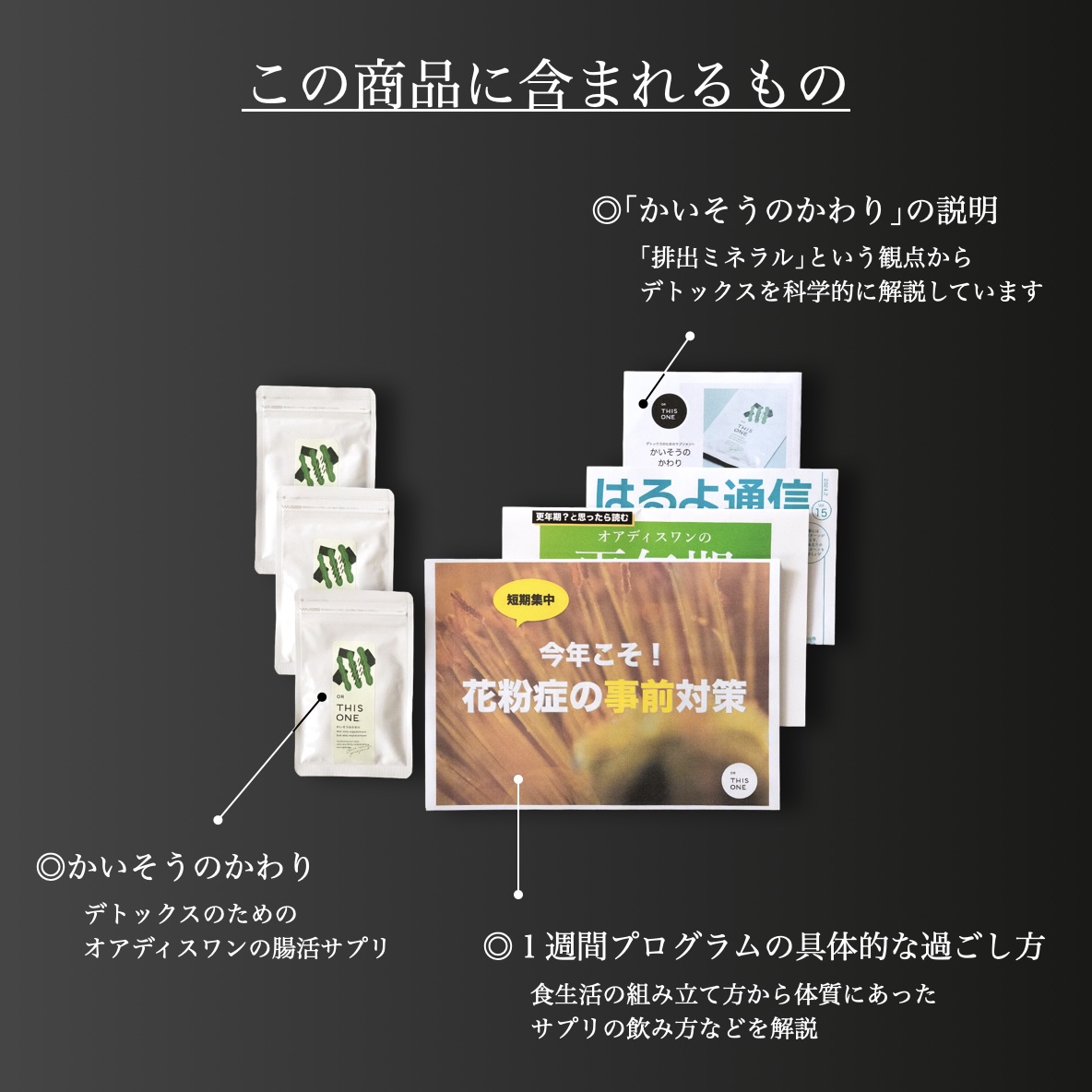 体質改善専門店オアディスワンの花粉症パックを購入したら届く商品一覧