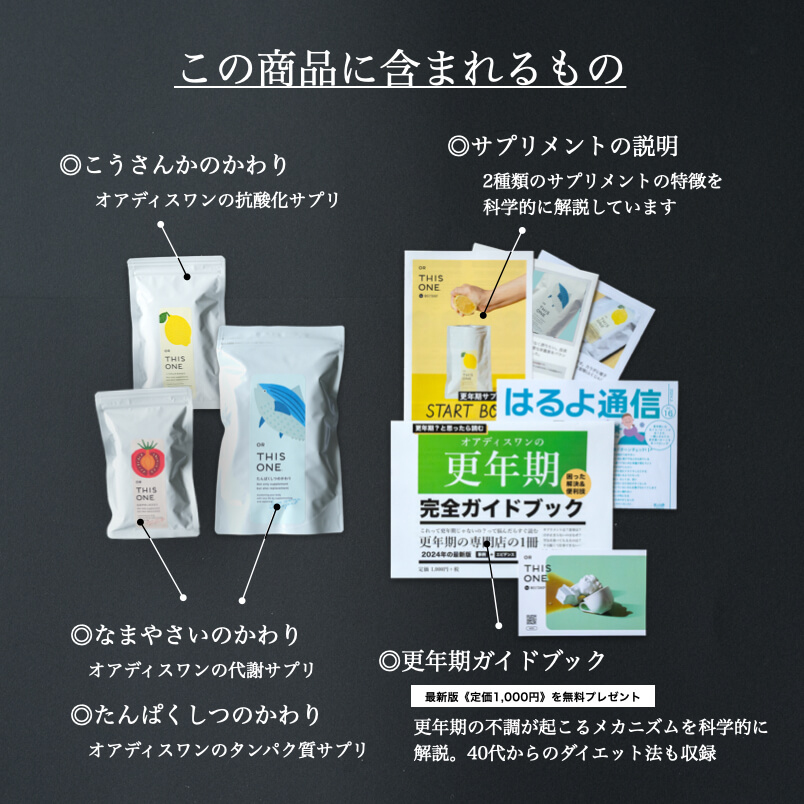 更年期専門店オアディスワンのサプリメントセット届くもの一覧