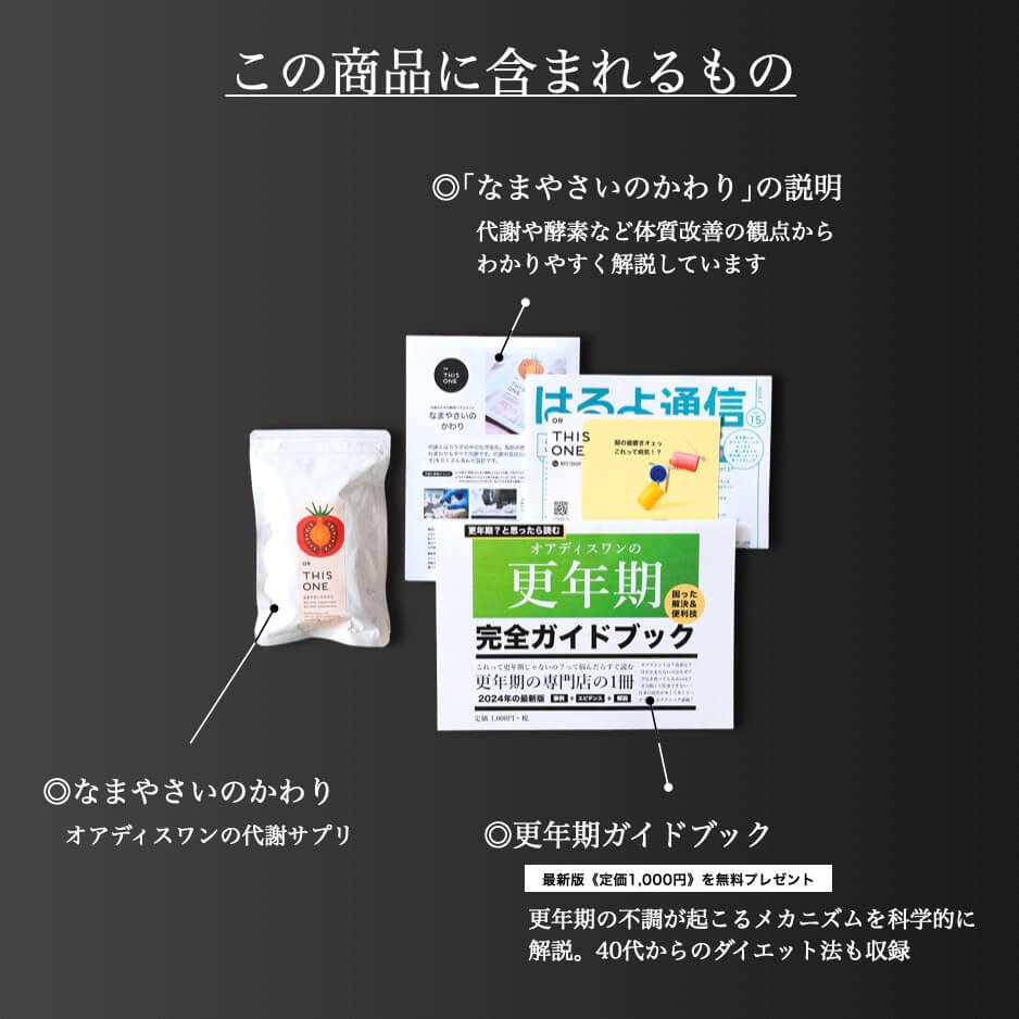 更年期専門店オアディスワンのサプリ「なまやさいのかわり」を購入したら届く商品一覧
