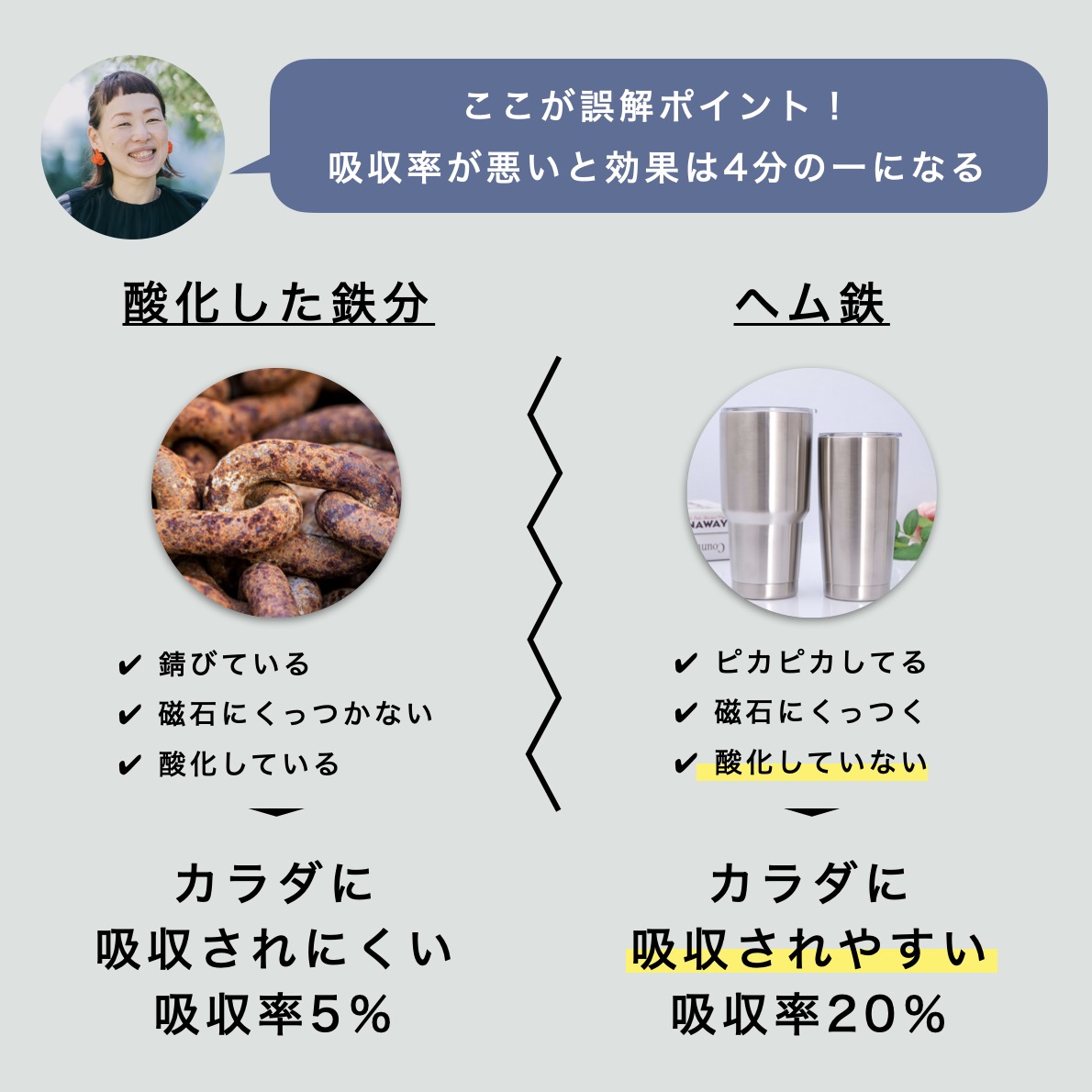 酸化した鉄分とヘム鉄を説明している写真