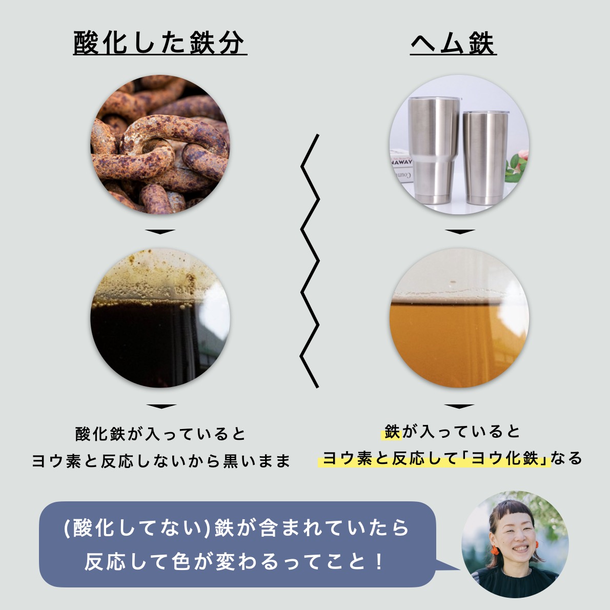 酸化した鉄分とヘム鉄の体への吸収率が違うことを説明している図