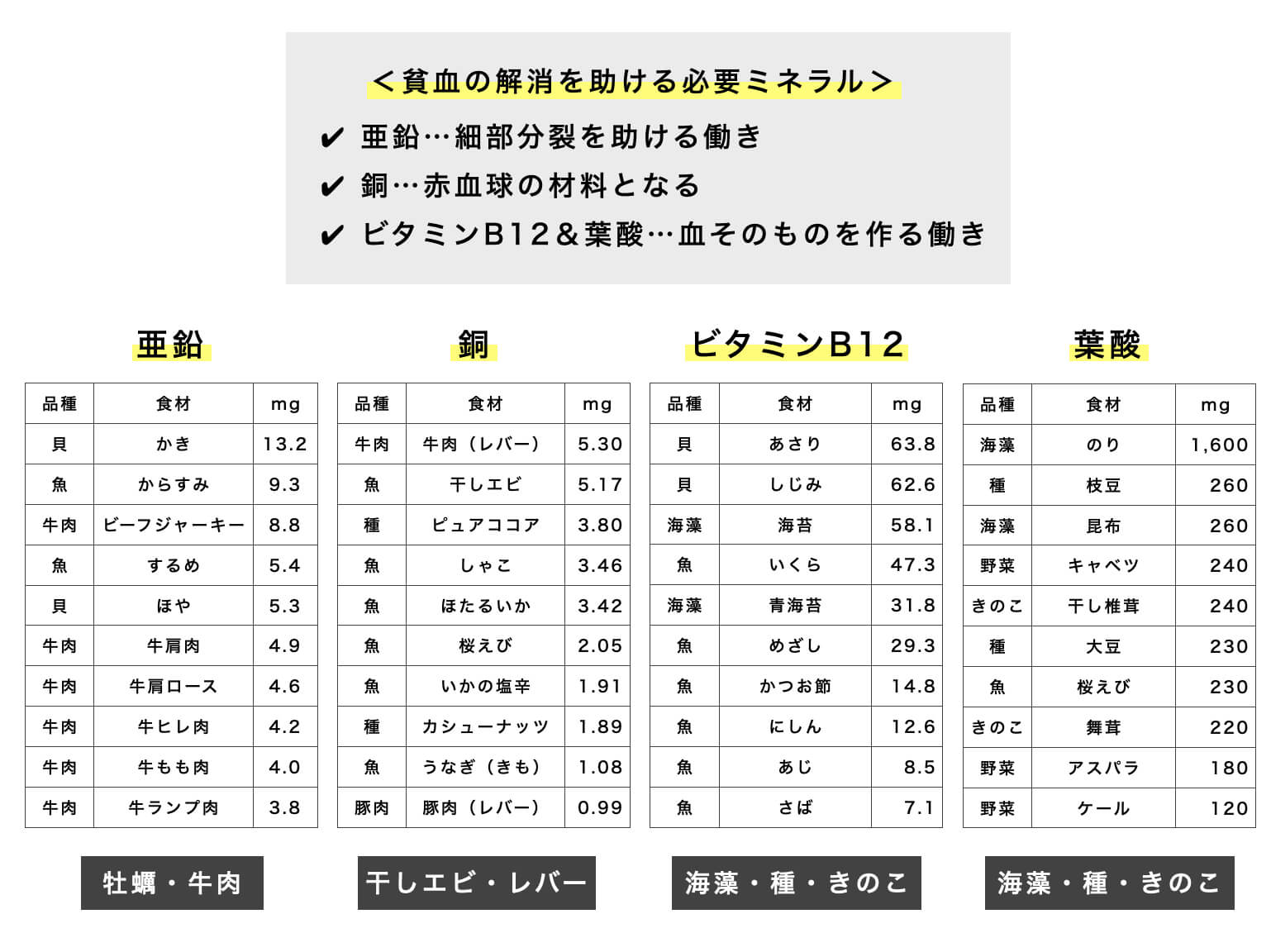 葉酸や亜鉛、ビタミンB12など貧血の解消を助ける必要ミネラルを説明する図