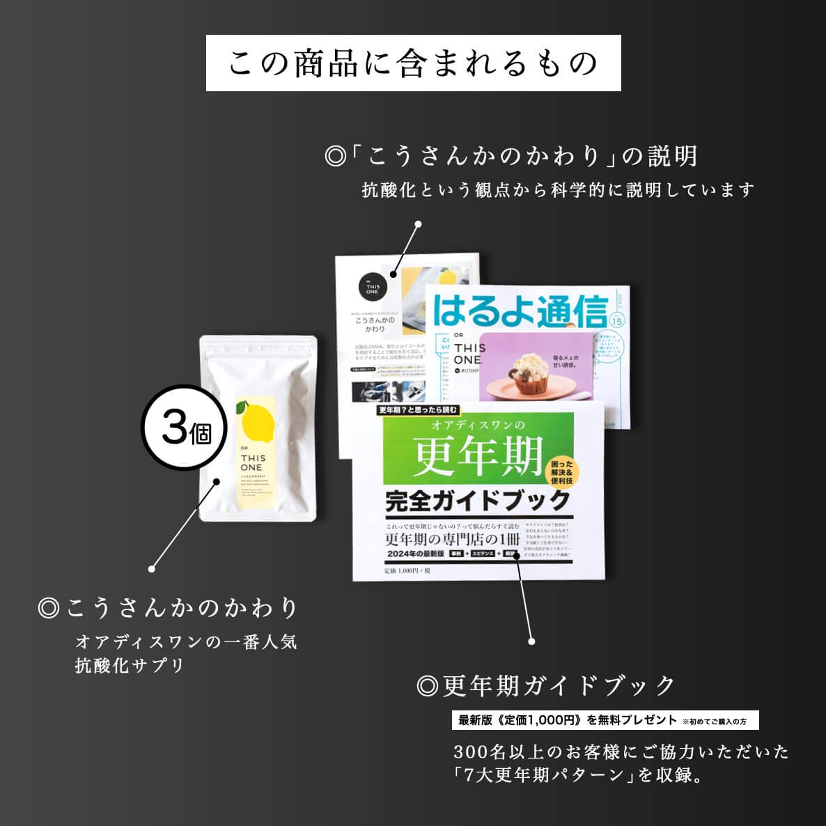 更年期専門店オアディスワンのサプリ「こうさんかのかわり」を購入したら届く商品一覧