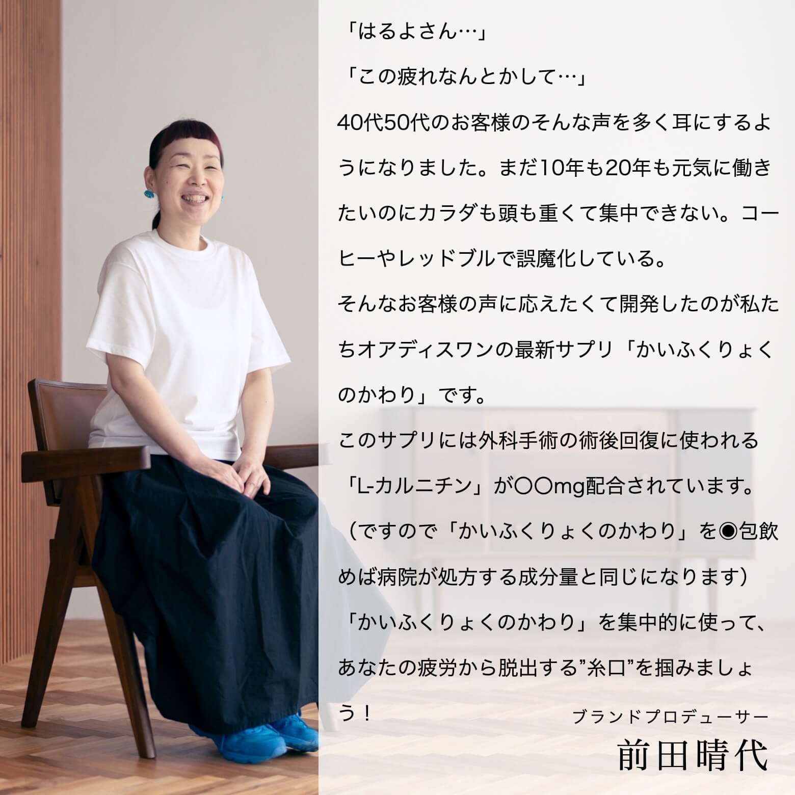 座って微笑んで説明しているはるよさん
