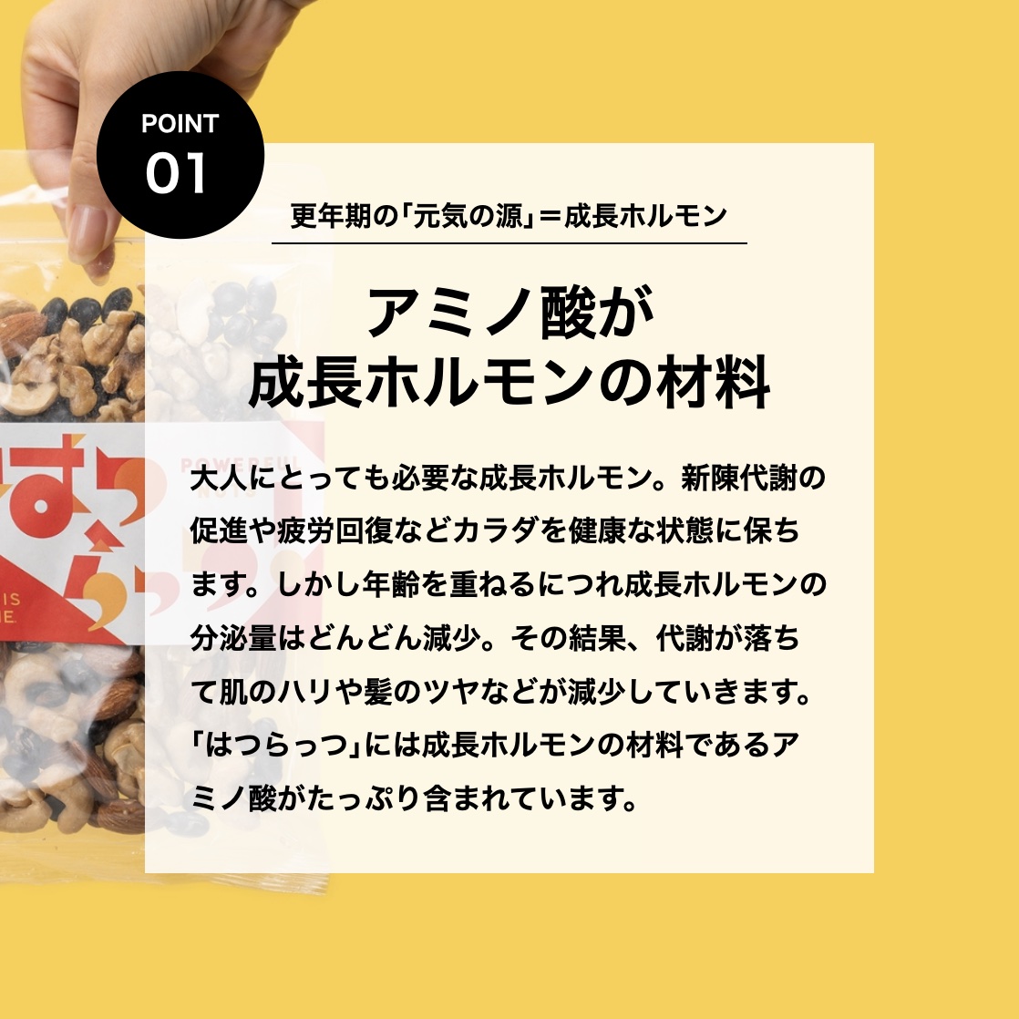 はつらっつナッツに含まれるアミノ酸が成長ホルモンの材料になることを説明しているイメージ