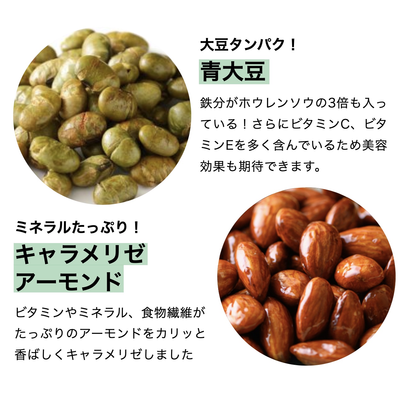 副交感神経ナッツに入っている青大豆とアーモンドの栄養価と効果について説明している画像イメージ