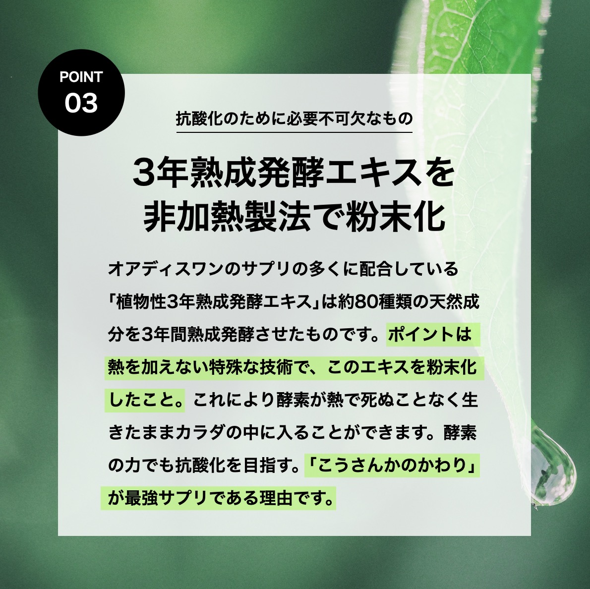 こうさんかのかわりに含まれている3年熟成発酵エキスについての説明